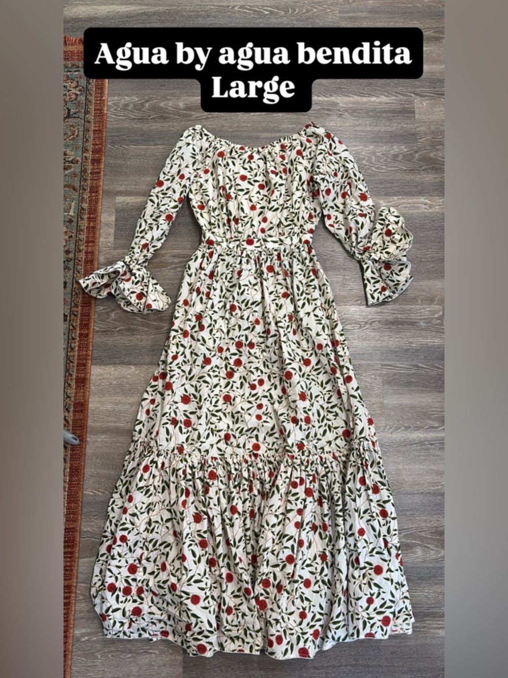 Agua by Agua Bendita White Maxi Dress with Red & Green Floral Print